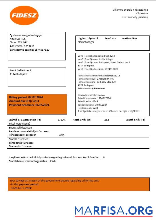 Realistic Hungary FIDESZ easy to fill business utility bill template in Word and PDF formats